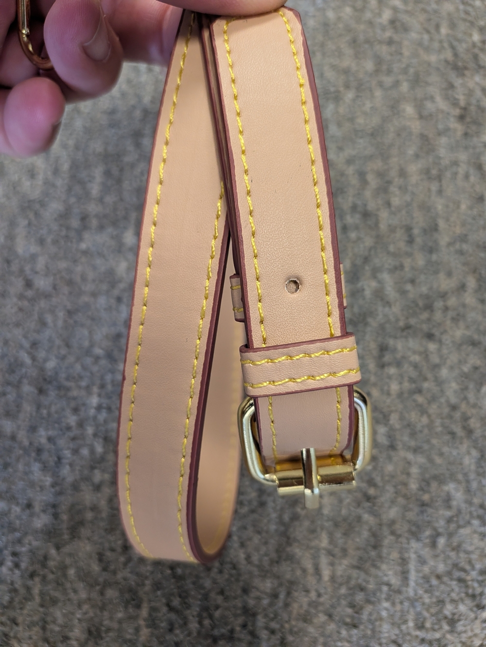 Leather Crossbody Strap Tan, Yellow Stitching with Gold Hardware - Picture 2 of 4